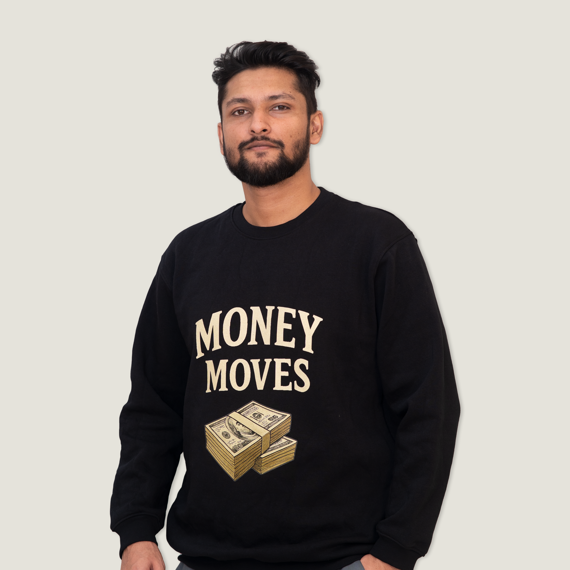 Money Moves Graphic Crewneck Sweatshirt - Black & Gold Print